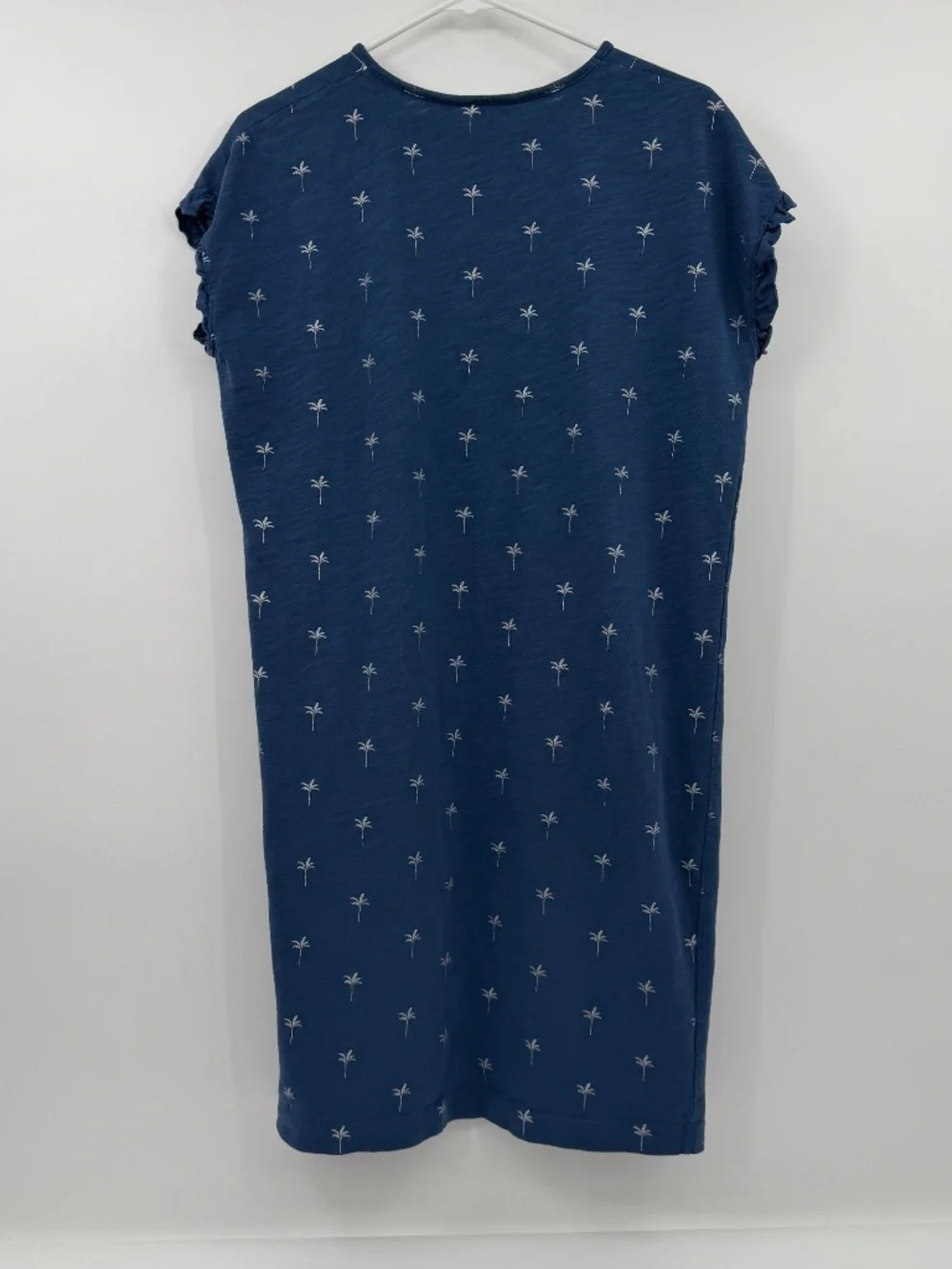 Boden T Shirt Dress Women 6 Blue Short Cap Sleeves Ruffles Metallic Palm Trees